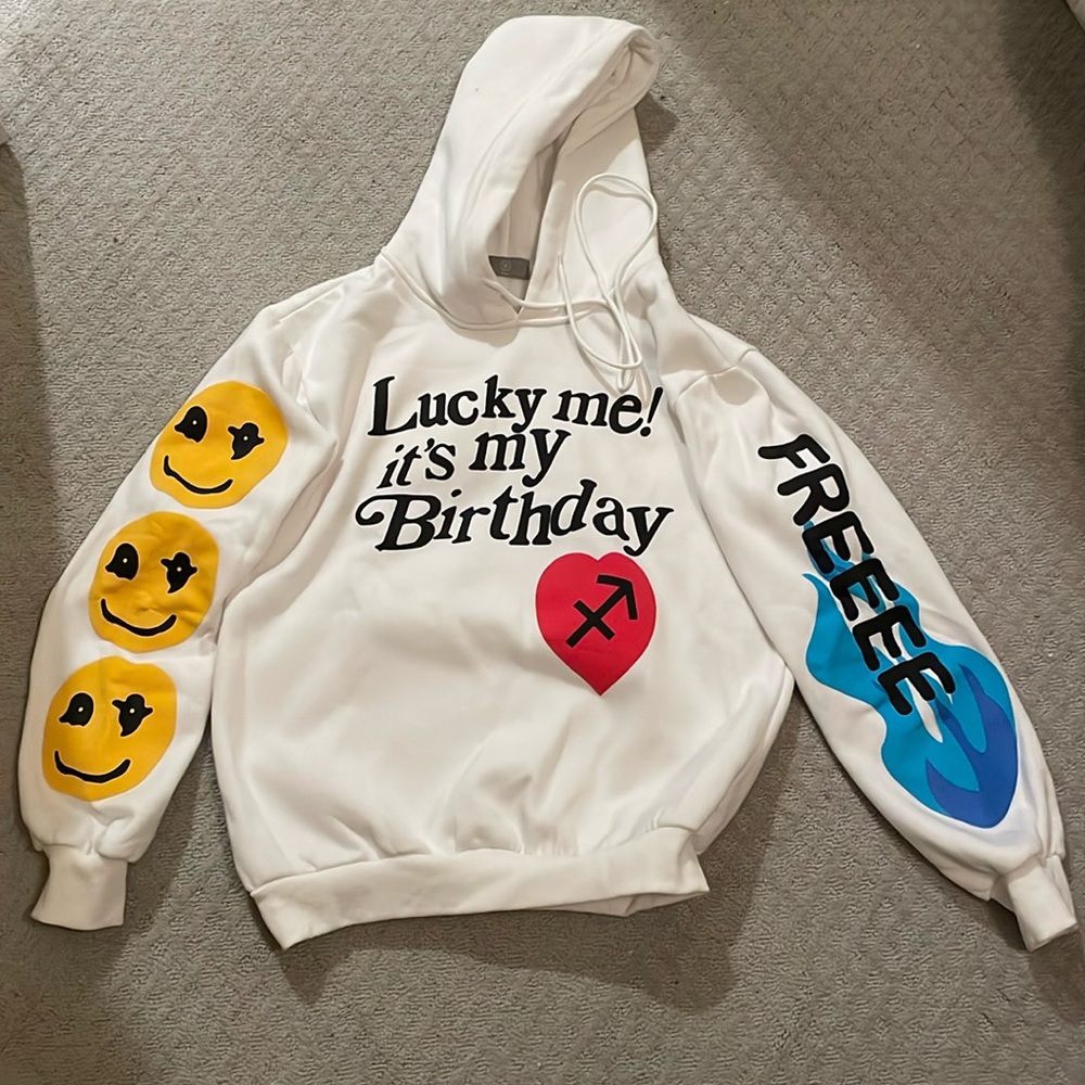 Trendy White Birthday Hoodie with Colorful Graphics